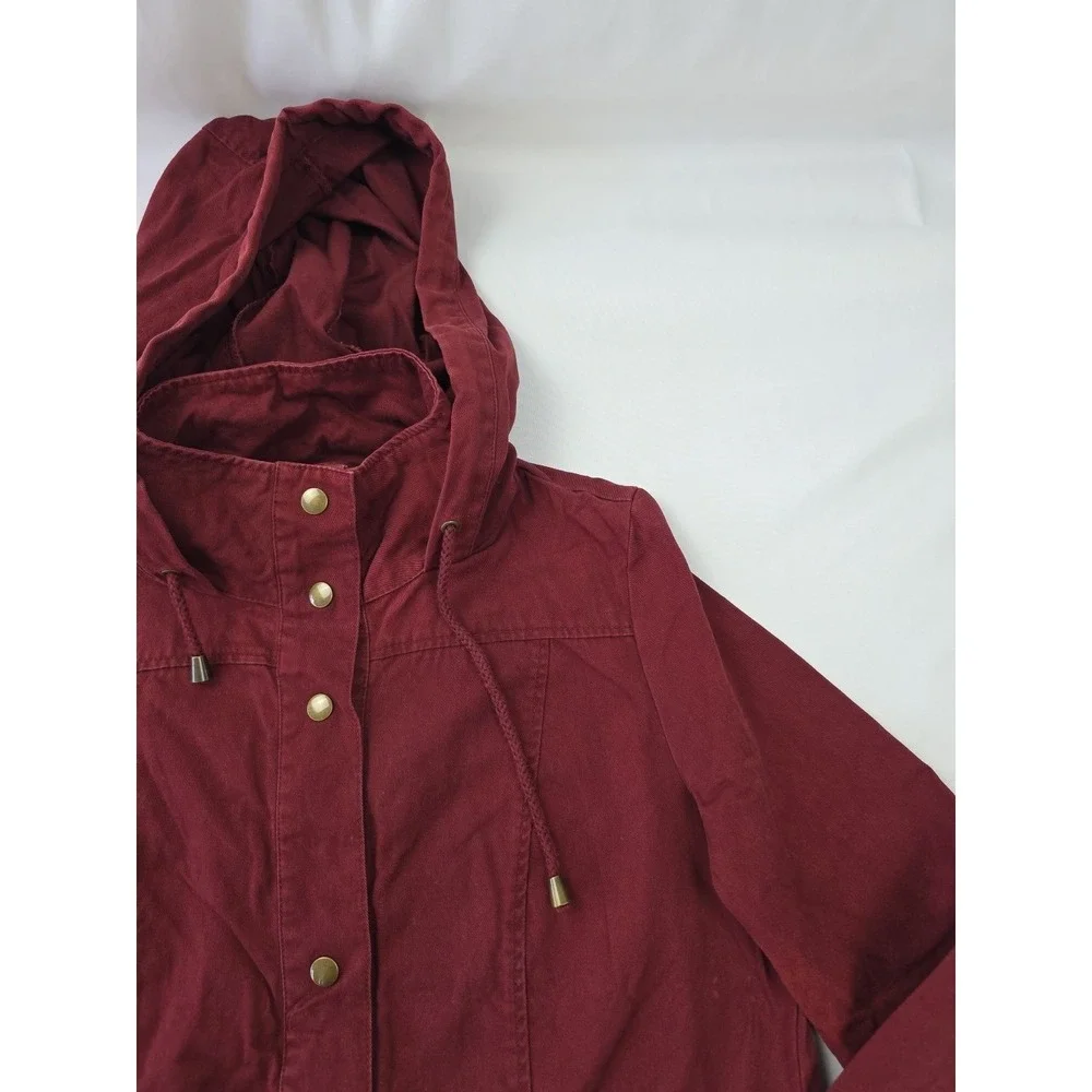 Forever 21 Burgundy Utility Jacket Womens Medium Hooded Anorak Cinch Waist Faded